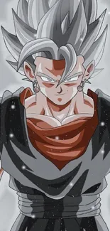 Anime character with gray and red outfit, cosmic background.