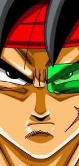 Anime character with green eye accessory and red headband.