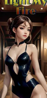 Anime-inspired character in elegant attire inside a chic hallway setting.