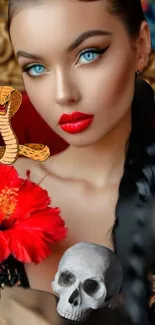 Striking woman with a cobra, flower, and skull.