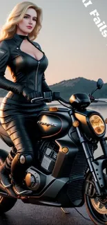 A confident biker poses by a scenic lake at sunset on a motorcycle wallpaper.