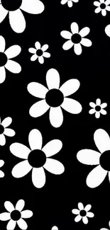 Black wallpaper with bold white flowers.