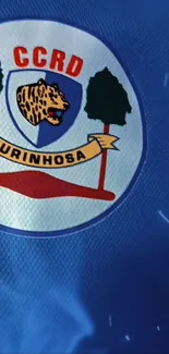 Blue themed emblem design with symbolic elements on fabric.