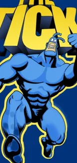 Vibrant blue superhero in action with bold yellow text.