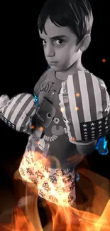 Grayscale boy with boxing gloves and flames.