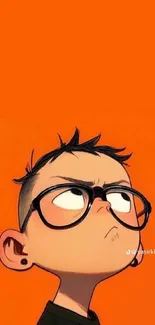 Cartoon character with glasses on orange background