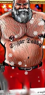 Cartoon festive character with tattoo on a red background with snowflakes.