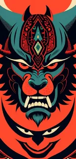 Bold demon art wallpaper with vibrant red and intricate design details.