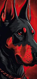 Graphic Doberman with red background and digital art style.