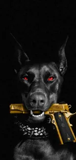 Doberman with red eyes and gold pistol on black background.