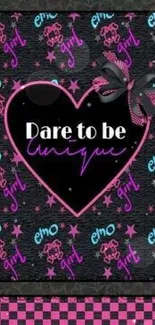 Black and pink emo heart wallpaper with 'Dare to be Unique' text.