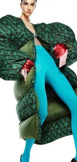 Vibrant fashion art with teal and green design accents.