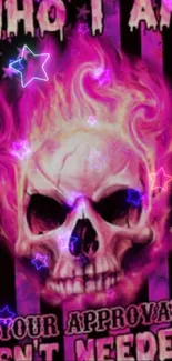 Flaming pink skull with bold text on a phone wallpaper.