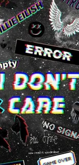 Vibrant glitch aesthetic wallpaper with edgy text and cosmic background.