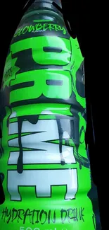 Green hydration drink bottle on a black background.