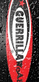 Guerrilla Art logo on water droplet background.