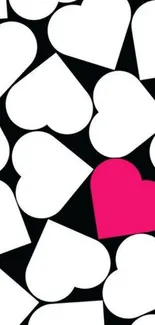 Mobile wallpaper with bold heart pattern in white and pink on black background.