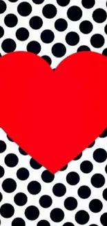 Red heart on black and white polka dot background wallpaper.