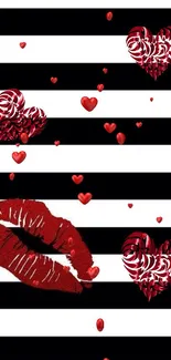 Black and white striped wallpaper with red lips and hearts accent.