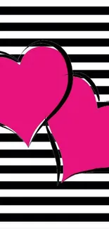 Pink hearts on black and white stripes mobile wallpaper