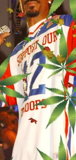 Jersey design with cannabis leaves overlay in vibrant colors.