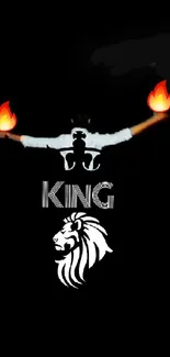 Mobile wallpaper with King text and lion silhouette on black.