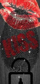 Red kiss on fingerprint with dark background.