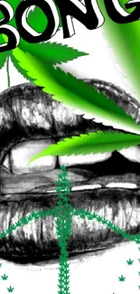 Bold graphic wallpaper with lips and green cannabis leaves design.