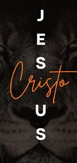 Powerful lion face with 'Jesus Cristo' text on mobile wallpaper.