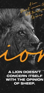 Black wallpaper with lion and inspiring quote.