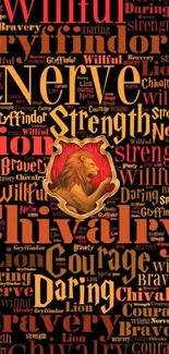 Bold lion emblem with inspiring words in vivid typography.