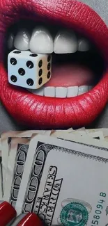 Bold red lips holding a dice with money in foreground.