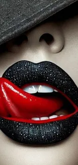 Artistic wallpaper with bold lips in black and red hues.