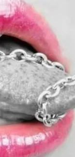 Pink lips with silver chain wallpaper.