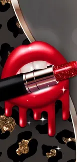 Vibrant red lips with lipstick and leopard print design.