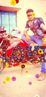 Person posing on red motorcycle with 'LOVE' text overlay.