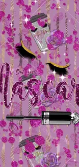 Purple cosmetic-themed wallpaper with mascara and glitter.