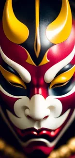 Striking red and gold mask wallpaper design.