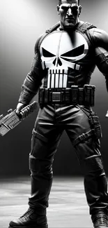 Monochrome action hero with bold emblem and intense stance.