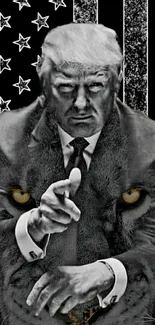 Monochrome image of a lion with intense eyes, merging with a suit-wearing figure.