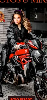 Woman in leather on a sleek red motorcycle, exuding bold fashion.