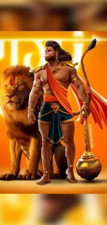 Mythical warrior with lion on orange background.