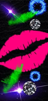 Neon lips and diamonds on black background.