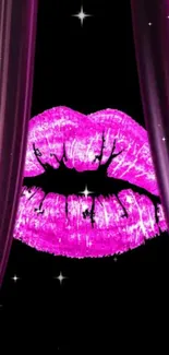 Neon pink lips on a dark curtain background with sparkling stars.