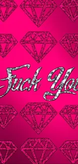 Pink wallpaper with diamond pattern and bold typography.