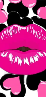 Vibrant wallpaper with pink lips and hearts on black and white background.