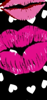 Bold pink lips and white hearts wallpaper design.