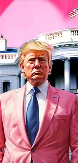 A character in a pink suit with a dramatic city backdrop.