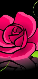 Bold pink rose on black background with green accents.