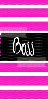 Bold pink and white striped wallpaper with 'Boss' text.